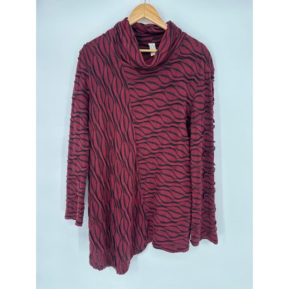 Chalet XL Tunic Top Cowl Neck Asymmetric Red Black Wavy Striped‎ Lagenlook Artsy